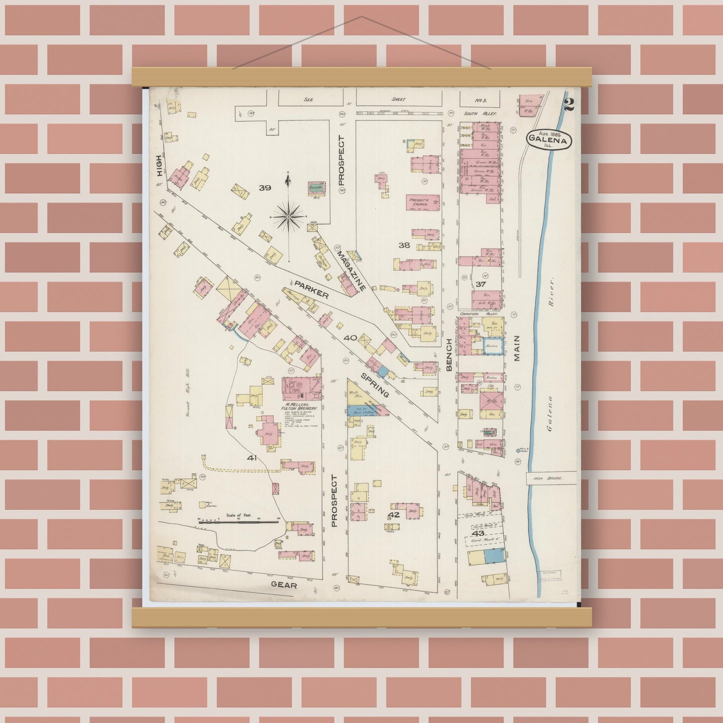 Old map wall art mockup — magnetic wood frame on brick wall — Sanborn Fire Insurance Map from Galena, Jo Daviess County, Illinois (1885), Sheet #0002