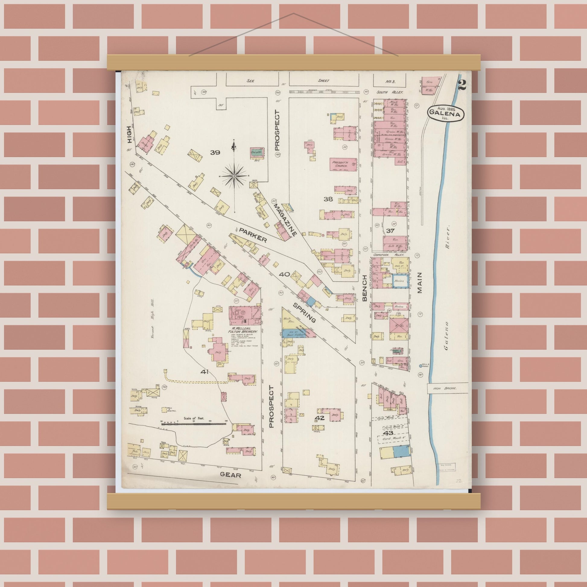 Old map wall art mockup — magnetic wood frame on brick wall — Sanborn Fire Insurance Map from Galena, Jo Daviess County, Illinois (1885), Sheet #0002