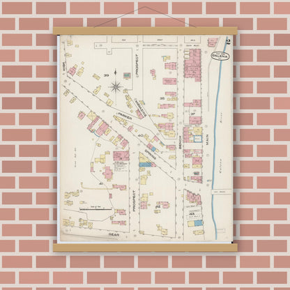 Old map wall art mockup — magnetic wood frame on brick wall — Sanborn Fire Insurance Map from Galena, Jo Daviess County, Illinois (1885), Sheet #0002