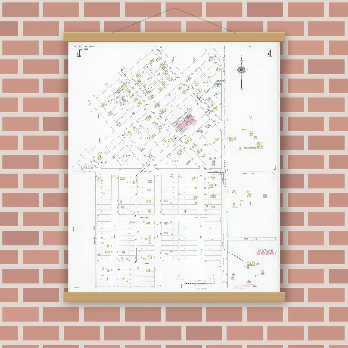 Old map wall art mockup — magnetic wood frame on brick wall — Sanborn Fire Insurance Map from Heron Lake, Jackson County, Minnesota (1947), Sheet #0004