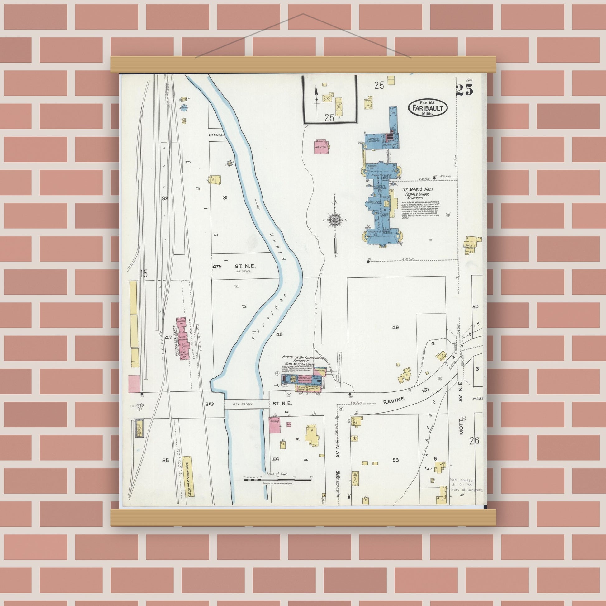 Old map wall art mockup — magnetic wood frame on brick wall — Sanborn Fire Insurance Map from Faribault, Rice County, Minnesota (1921), Sheet #0025