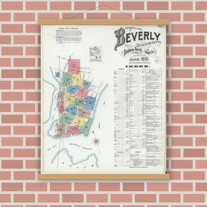 Old map wall art mockup — magnetic wood frame on brick wall — Sanborn Fire Insurance Map from Beverly, Essex County, Massachusetts (1901) - Complete Map Set