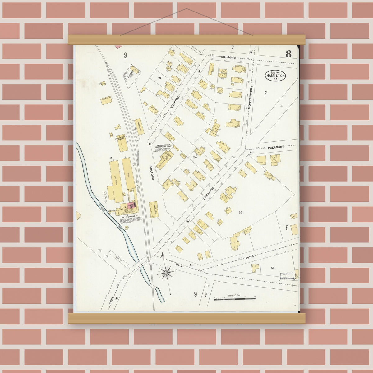 Old map wall art mockup — magnetic wood frame on brick wall — Sanborn Fire Insurance Map from Hamilton, Madison County, New York (1906), Sheet #0008