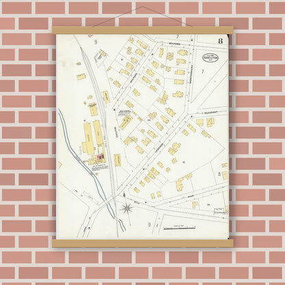 Old map wall art mockup — magnetic wood frame on brick wall — Sanborn Fire Insurance Map from Hamilton, Madison County, New York (1906), Sheet #0008
