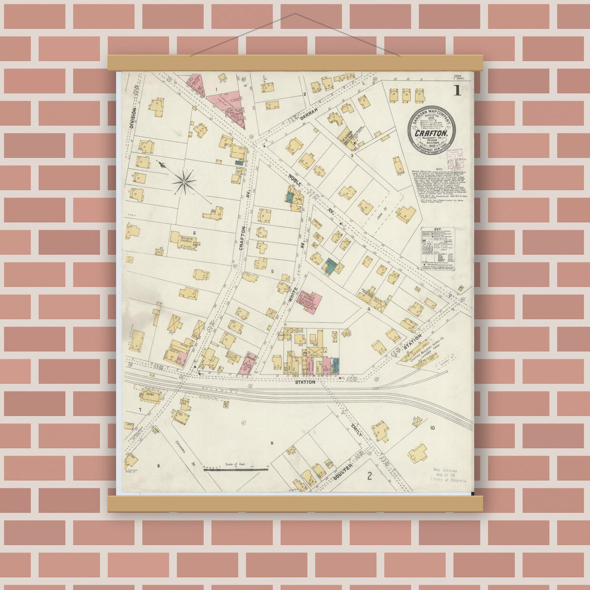 Old map wall art mockup — magnetic wood frame on brick wall — Sanborn Fire Insurance Map from Crafton, Allegheny County, Pennsylvania (1902) - Complete Map Set