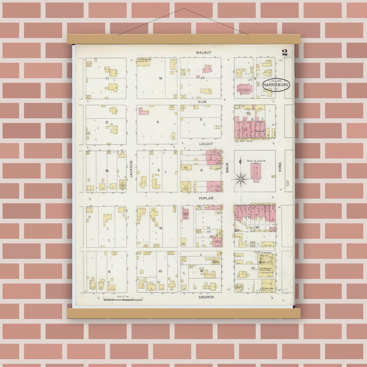 Old map wall art mockup — magnetic wood frame on brick wall — Sanborn Fire Insurance Map from Harrisburg, Saline County, Illinois (1894), Sheet #0002