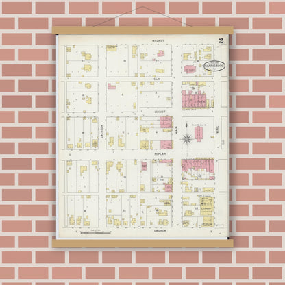 Old map wall art mockup — magnetic wood frame on brick wall — Sanborn Fire Insurance Map from Harrisburg, Saline County, Illinois (1894), Sheet #0002