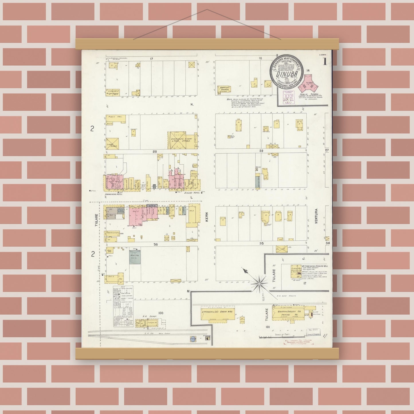 Old map wall art mockup — magnetic wood frame on brick wall — Sanborn Fire Insurance Map from Dinuba, Tulare County, California (1903) - Complete Map Set