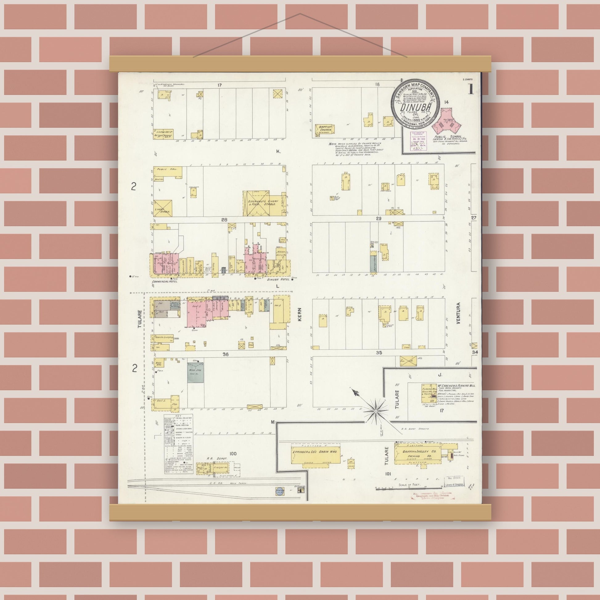 Old map wall art mockup — magnetic wood frame on brick wall — Sanborn Fire Insurance Map from Dinuba, Tulare County, California (1903) - Complete Map Set