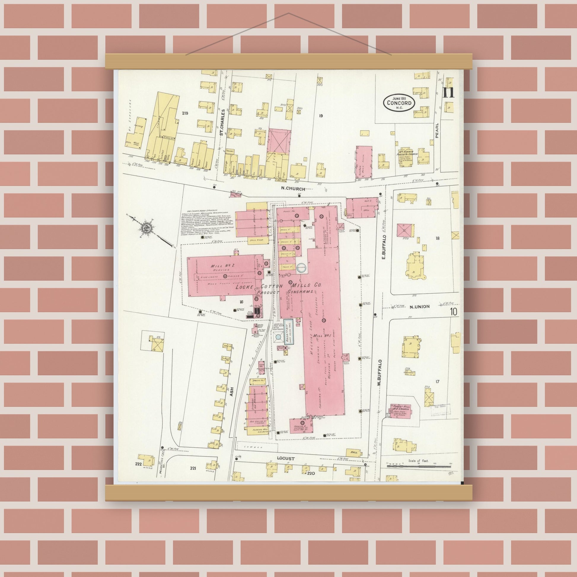 Old map wall art mockup — magnetic wood frame on brick wall — Sanborn Fire Insurance Map from Concord, Cabarrus County, North Carolina (1911), Sheet #0011