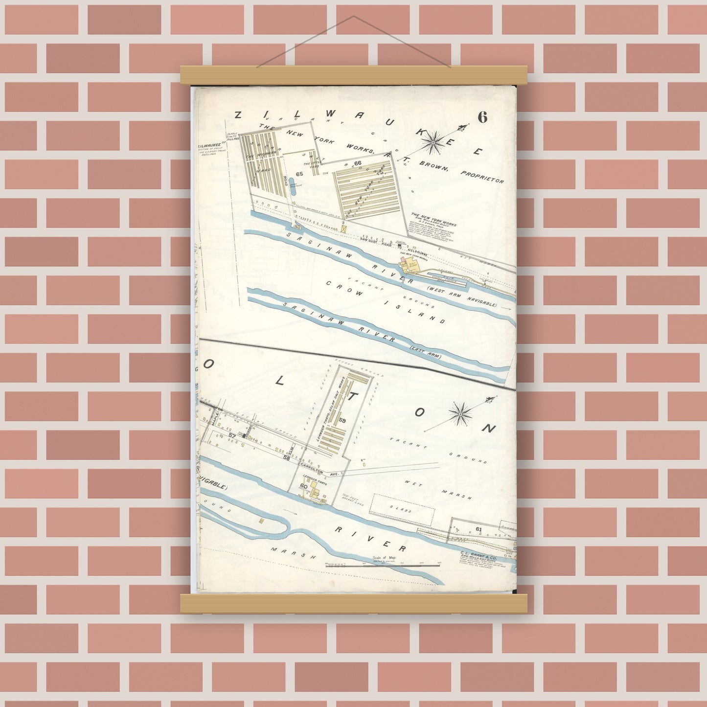 Old map wall art mockup — magnetic wood frame on brick wall — Sanborn Fire Insurance Map from Saginaw, Saginaw County, Michigan (1895), Sheet #0006