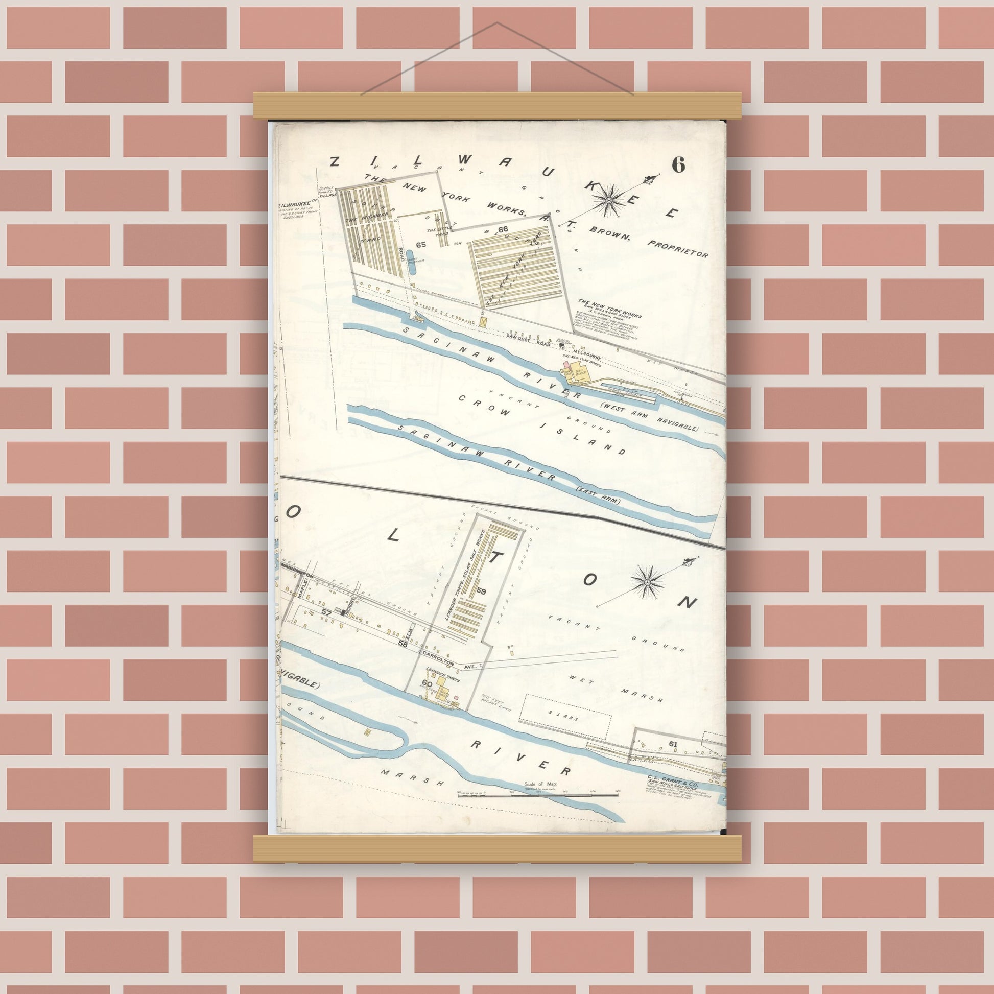 Old map wall art mockup — magnetic wood frame on brick wall — Sanborn Fire Insurance Map from Saginaw, Saginaw County, Michigan (1895), Sheet #0006