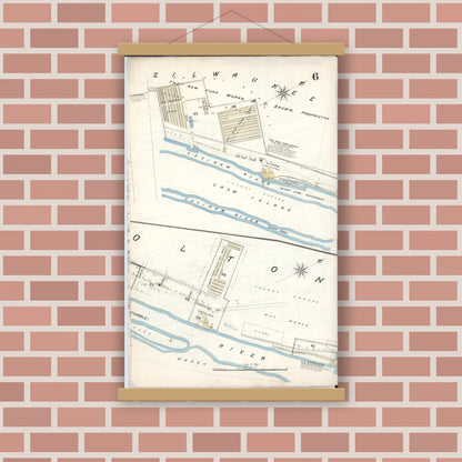 Old map wall art mockup — magnetic wood frame on brick wall — Sanborn Fire Insurance Map from Saginaw, Saginaw County, Michigan (1895), Sheet #0006