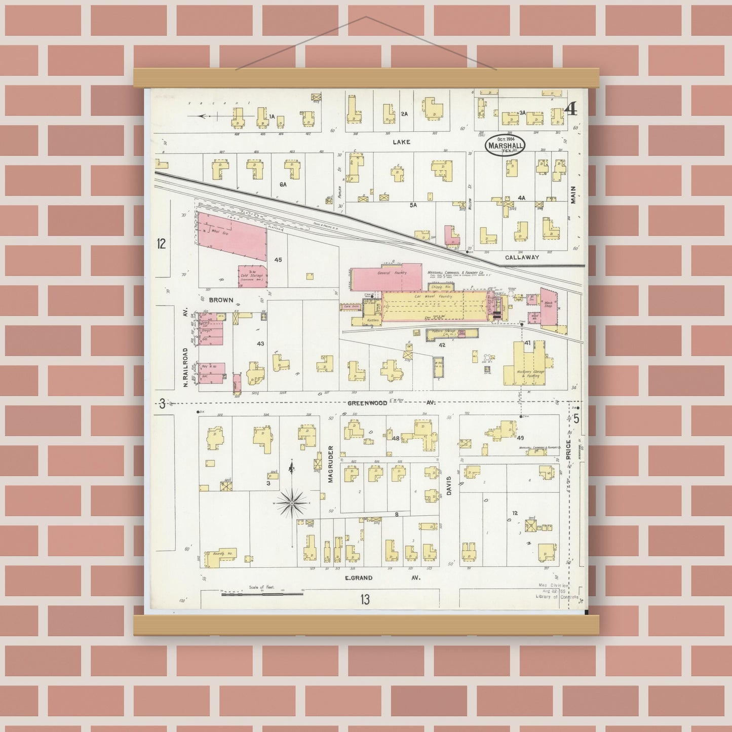 Old map wall art mockup — magnetic wood frame on brick wall — Sanborn Fire Insurance Map from Marshall, Harrison County, Texas (1904), Sheet #0004