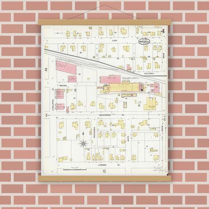 Old map wall art mockup — magnetic wood frame on brick wall — Sanborn Fire Insurance Map from Marshall, Harrison County, Texas (1904), Sheet #0004