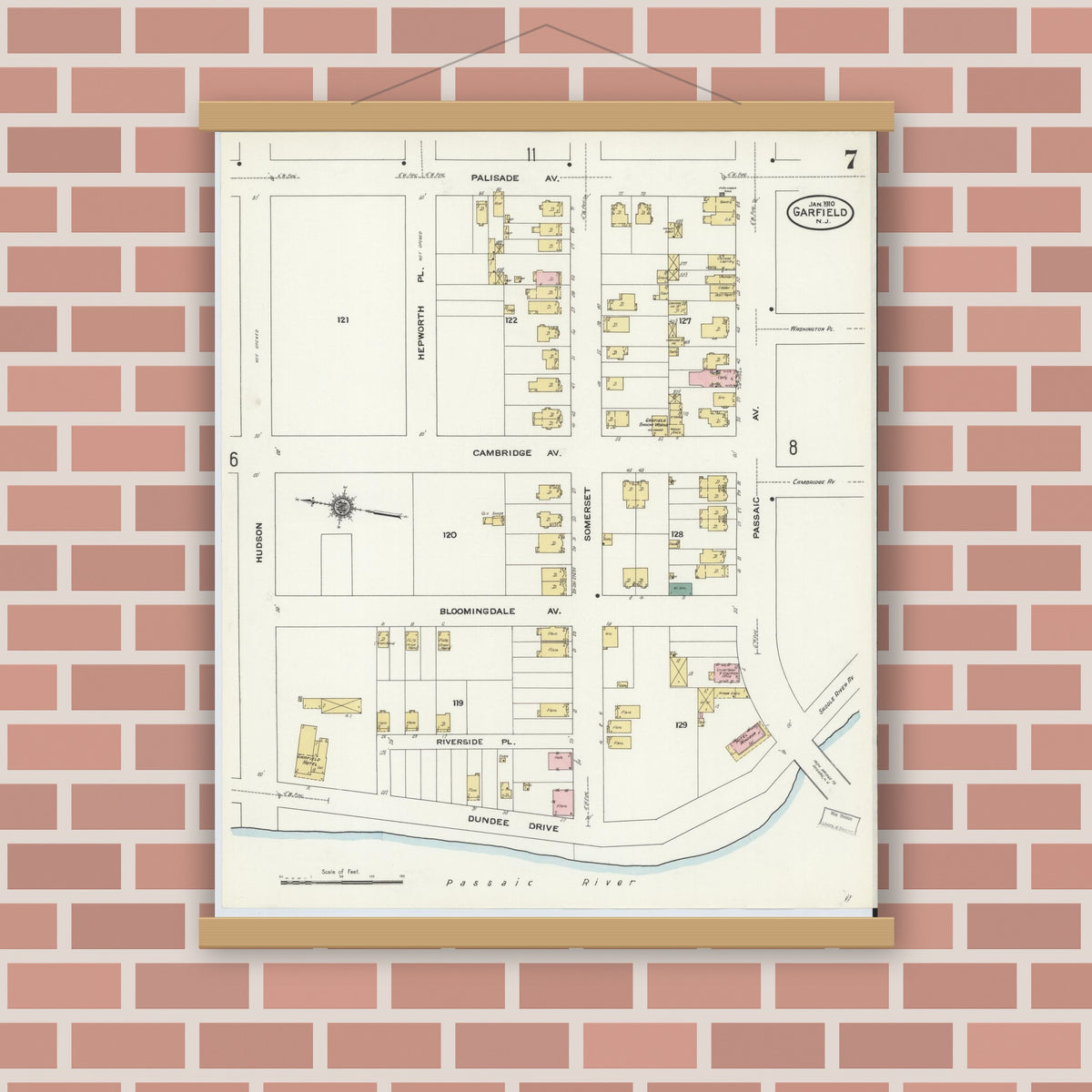 Old map wall art mockup — magnetic wood frame on brick wall — Sanborn Fire Insurance Map from Garfield, Bergen County, New Jersey (1910), Sheet #0007