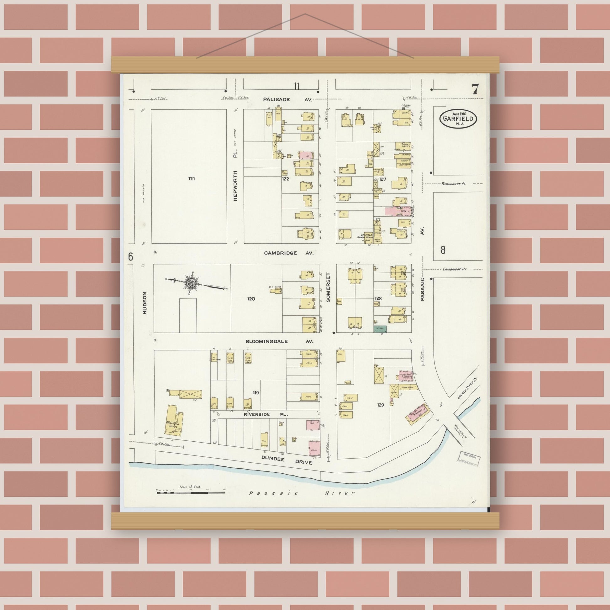 Old map wall art mockup — magnetic wood frame on brick wall — Sanborn Fire Insurance Map from Garfield, Bergen County, New Jersey (1910), Sheet #0007