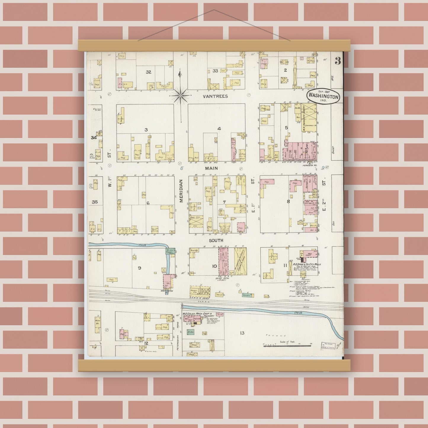 Old map wall art mockup — magnetic wood frame on brick wall — Sanborn Fire Insurance Map from Washington, Daviess County, Indiana (1887), Sheet #0003