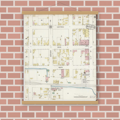Old map wall art mockup — magnetic wood frame on brick wall — Sanborn Fire Insurance Map from Washington, Daviess County, Indiana (1887), Sheet #0003
