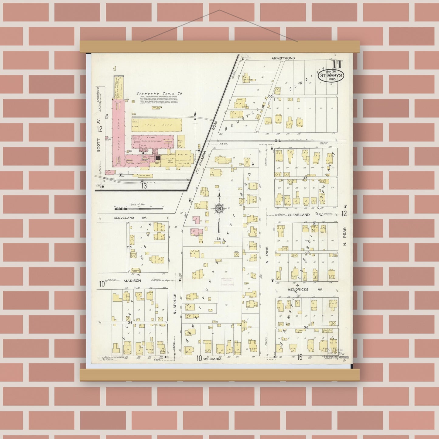 Old map wall art mockup — magnetic wood frame on brick wall — Sanborn Fire Insurance Map from Saint Marys, Auglaize County, Ohio (1914), Sheet #0011