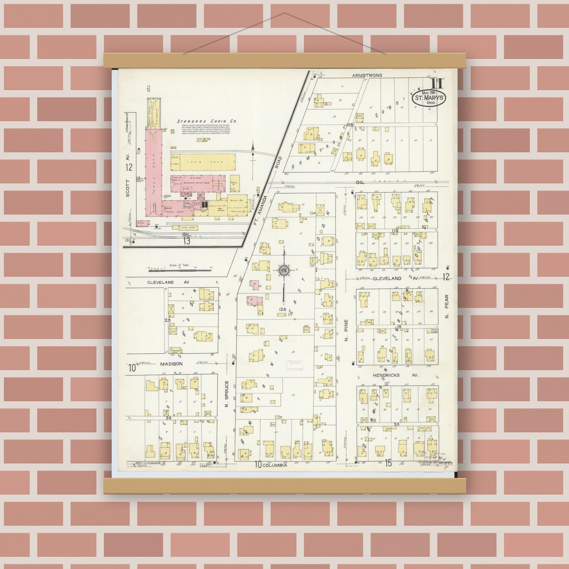 Old map wall art mockup — magnetic wood frame on brick wall — Sanborn Fire Insurance Map from Saint Marys, Auglaize County, Ohio (1914), Sheet #0011