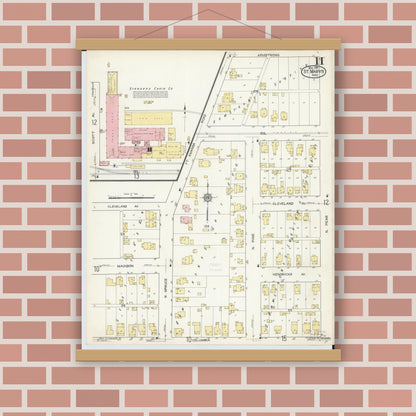 Old map wall art mockup — magnetic wood frame on brick wall — Sanborn Fire Insurance Map from Saint Marys, Auglaize County, Ohio (1914), Sheet #0011
