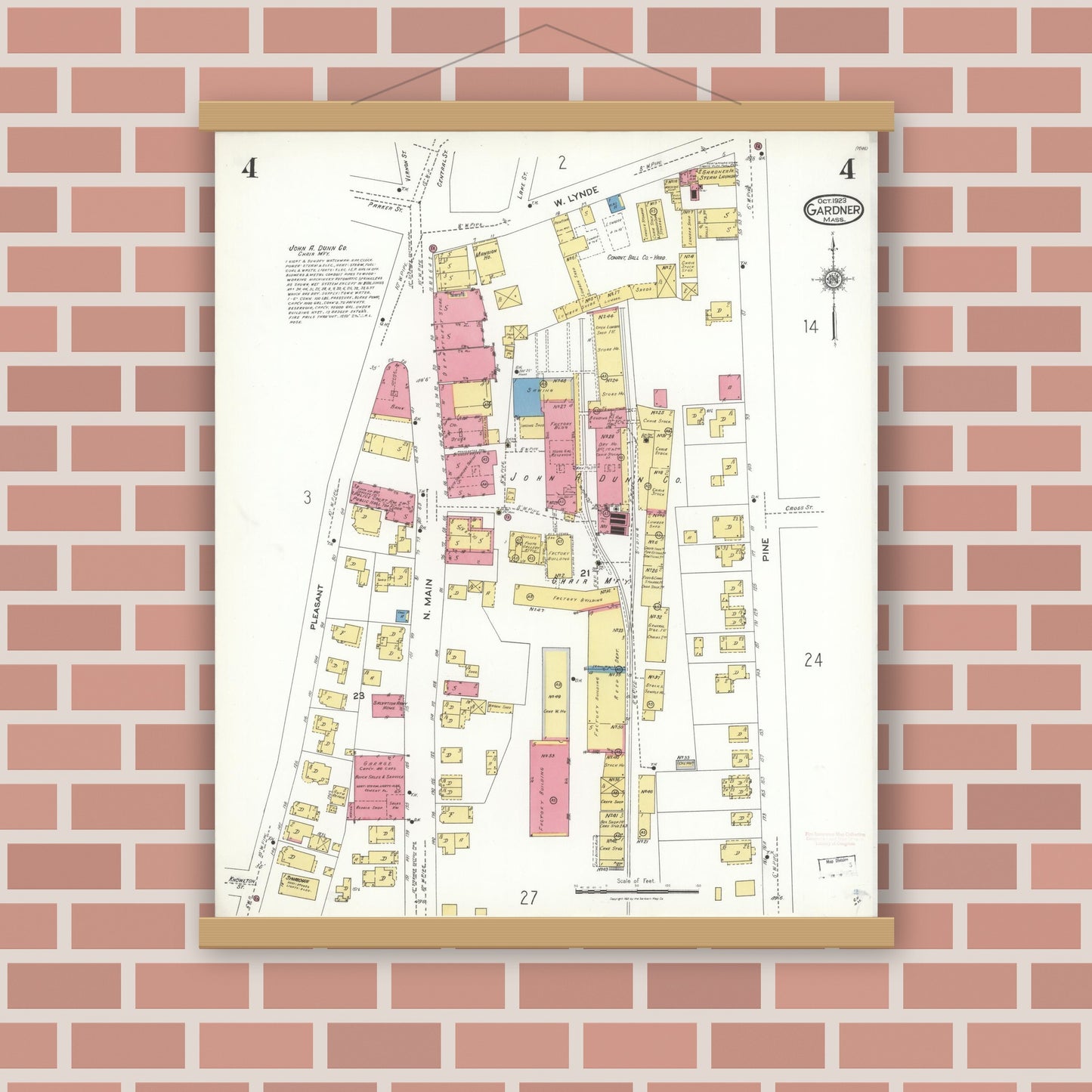 Old map wall art mockup — magnetic wood frame on brick wall — Sanborn Fire Insurance Map from Gardner, Worcester County, Massachusetts (1923), Sheet #0004