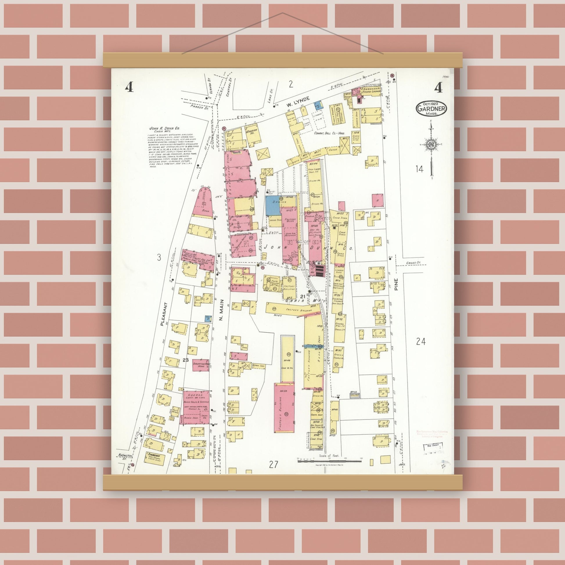 Old map wall art mockup — magnetic wood frame on brick wall — Sanborn Fire Insurance Map from Gardner, Worcester County, Massachusetts (1923), Sheet #0004