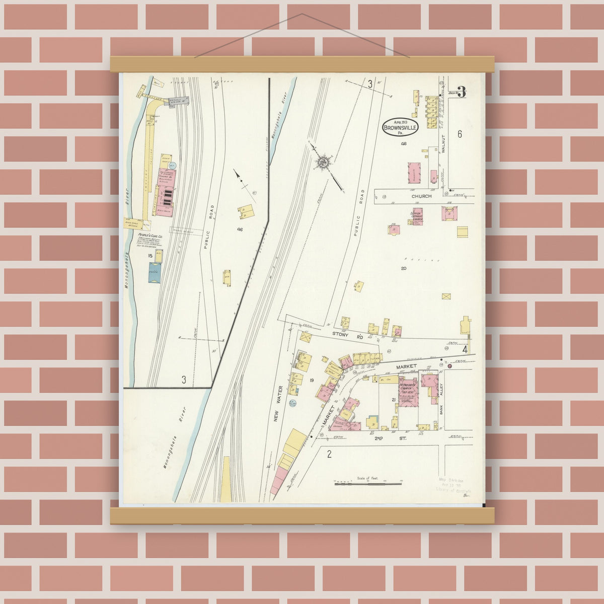 Old map wall art mockup — magnetic wood frame on brick wall — Sanborn Fire Insurance Map from Brownsville, Fayette County, Pennsylvania (1913), Sheet #0003