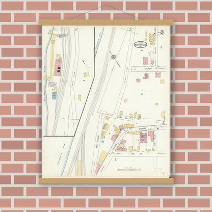 Old map wall art mockup — magnetic wood frame on brick wall — Sanborn Fire Insurance Map from Brownsville, Fayette County, Pennsylvania (1913), Sheet #0003