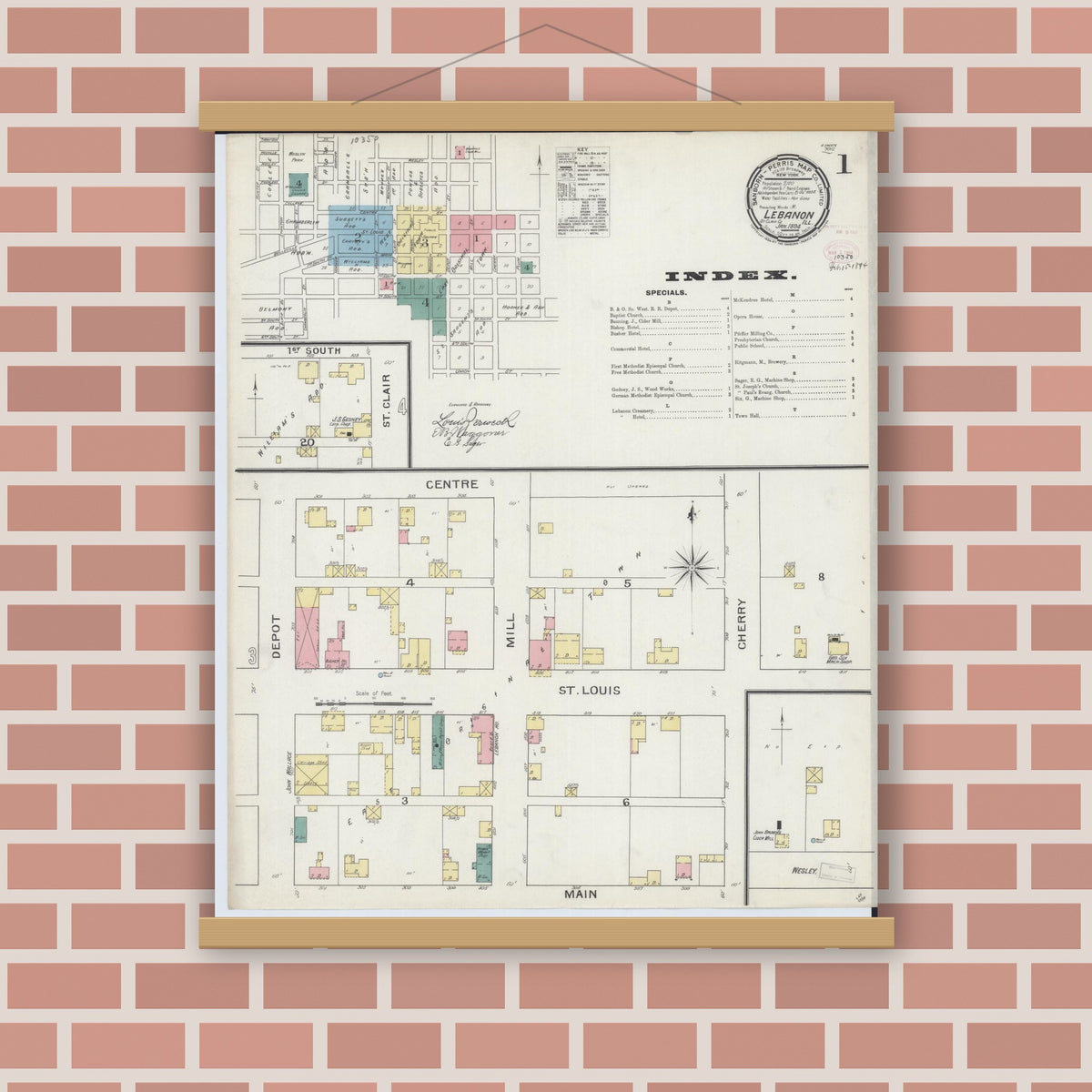 Old map wall art mockup — magnetic wood frame on brick wall — Sanborn Fire Insurance Map from Lebanon, Saint Clair County, Illinois (1894), Sheet #0001