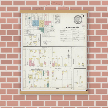 Old map wall art mockup — magnetic wood frame on brick wall — Sanborn Fire Insurance Map from Lebanon, Saint Clair County, Illinois (1894), Sheet #0001