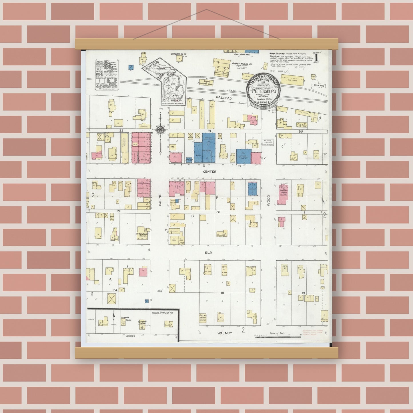 Old map wall art mockup — magnetic wood frame on brick wall — Sanborn Fire Insurance Map from Petersburg, Monroe County, Michigan (1923) - Complete Map Set