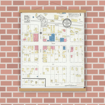 Old map wall art mockup — magnetic wood frame on brick wall — Sanborn Fire Insurance Map from Petersburg, Monroe County, Michigan (1923) - Complete Map Set