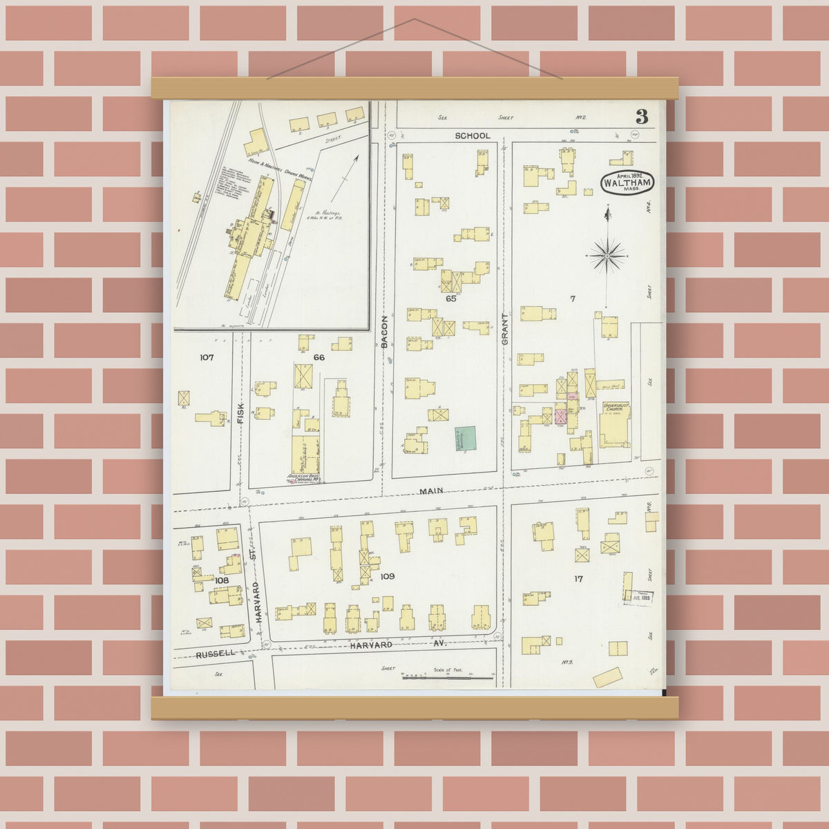 Old map wall art mockup — magnetic wood frame on brick wall — Sanborn Fire Insurance Map from Waltham, Middlesex County, Massachusetts (1892), Sheet #0003