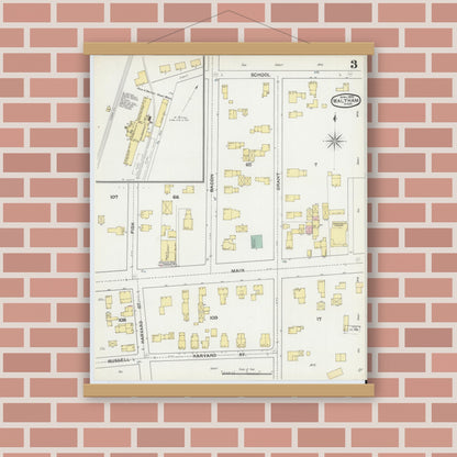 Old map wall art mockup — magnetic wood frame on brick wall — Sanborn Fire Insurance Map from Waltham, Middlesex County, Massachusetts (1892), Sheet #0003