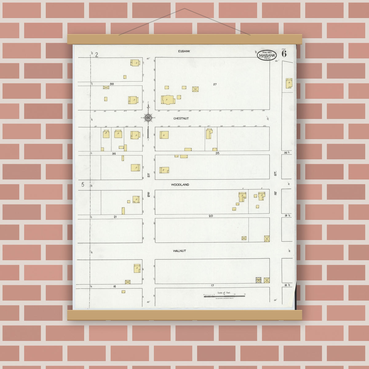 Old map wall art mockup — magnetic wood frame on brick wall — Sanborn Fire Insurance Map from Mabank, Kaufman County, Texas (1921), Sheet #0006