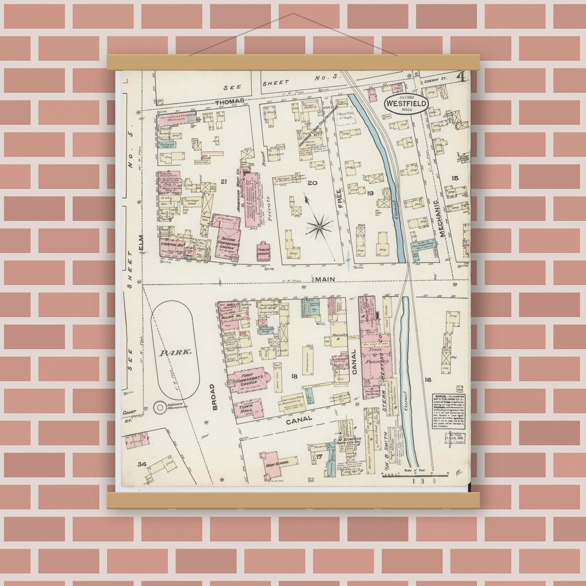 Old map wall art mockup — magnetic wood frame on brick wall — Sanborn Fire Insurance Map from Westfield, Hampden County, Massachusetts (1884), Sheet #0004