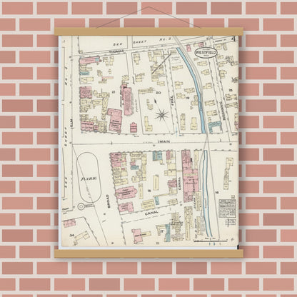 Old map wall art mockup — magnetic wood frame on brick wall — Sanborn Fire Insurance Map from Westfield, Hampden County, Massachusetts (1884), Sheet #0004