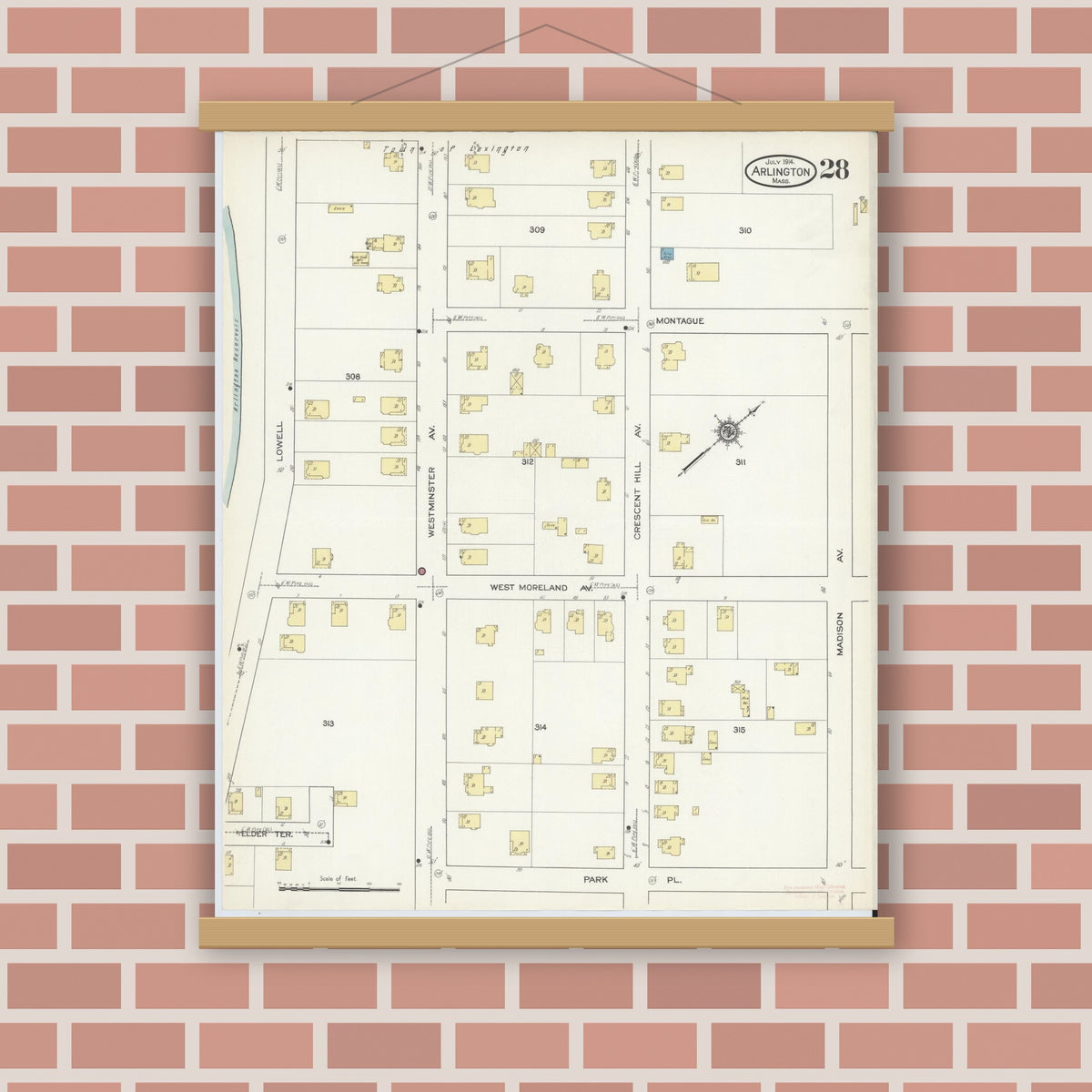 Old map wall art mockup — magnetic wood frame on brick wall — Sanborn Fire Insurance Map from Arlington, Middlesex County, Massachusetts (1914), Sheet #0028