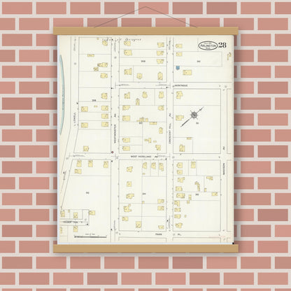 Old map wall art mockup — magnetic wood frame on brick wall — Sanborn Fire Insurance Map from Arlington, Middlesex County, Massachusetts (1914), Sheet #0028