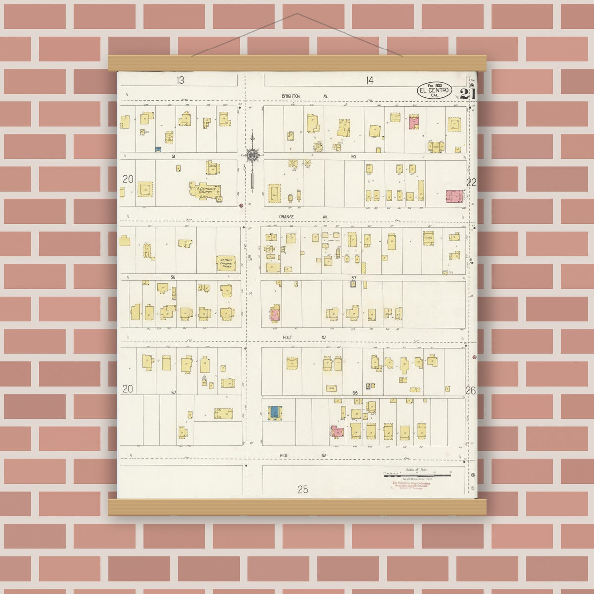 Old map wall art mockup — magnetic wood frame on brick wall — Sanborn Fire Insurance Map from El Centro, Imperial County, California (1922), Sheet #0021