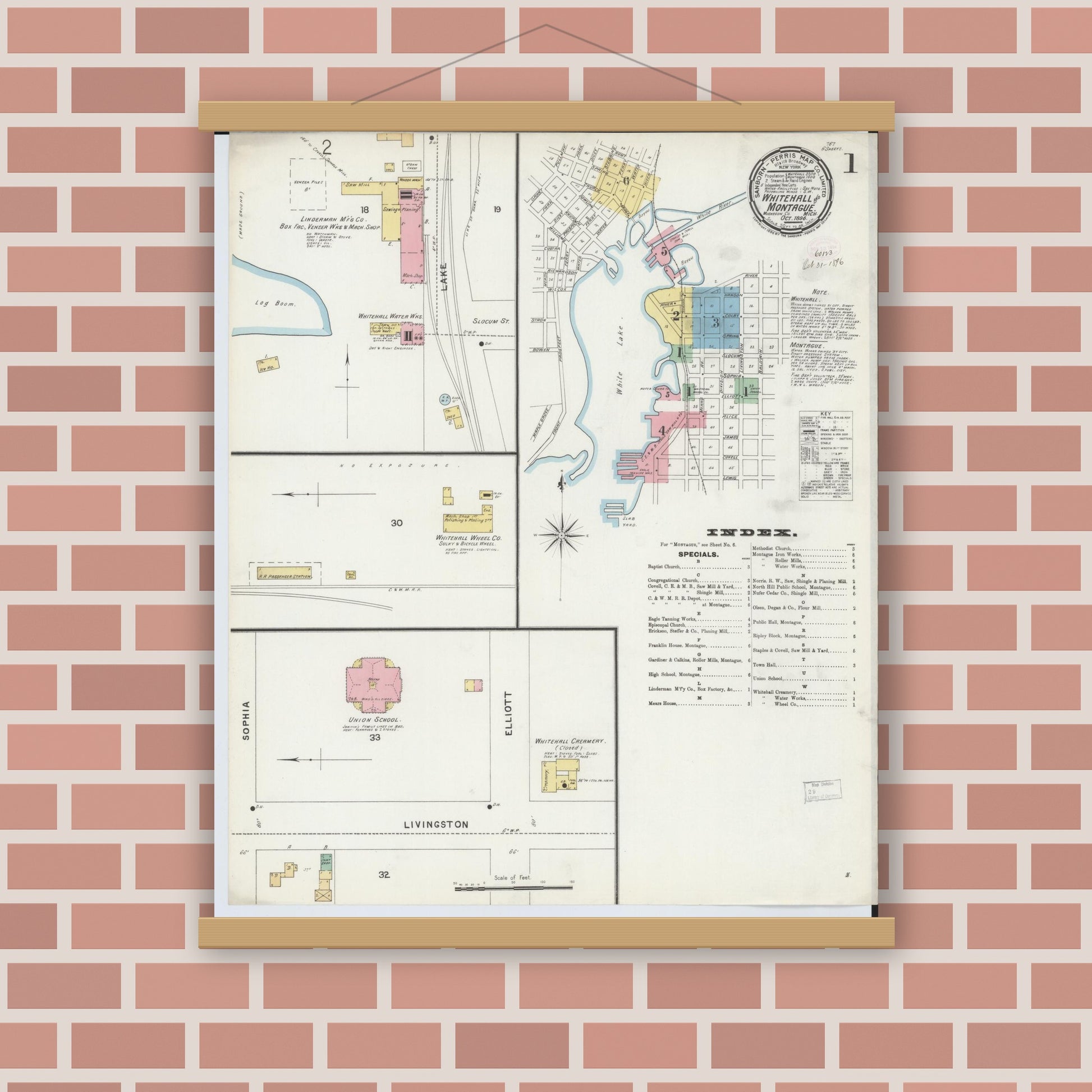 Old map wall art mockup — magnetic wood frame on brick wall — Sanborn Fire Insurance Map from Whitehall, Muskegon County, Michigan (1896) - Complete Map Set