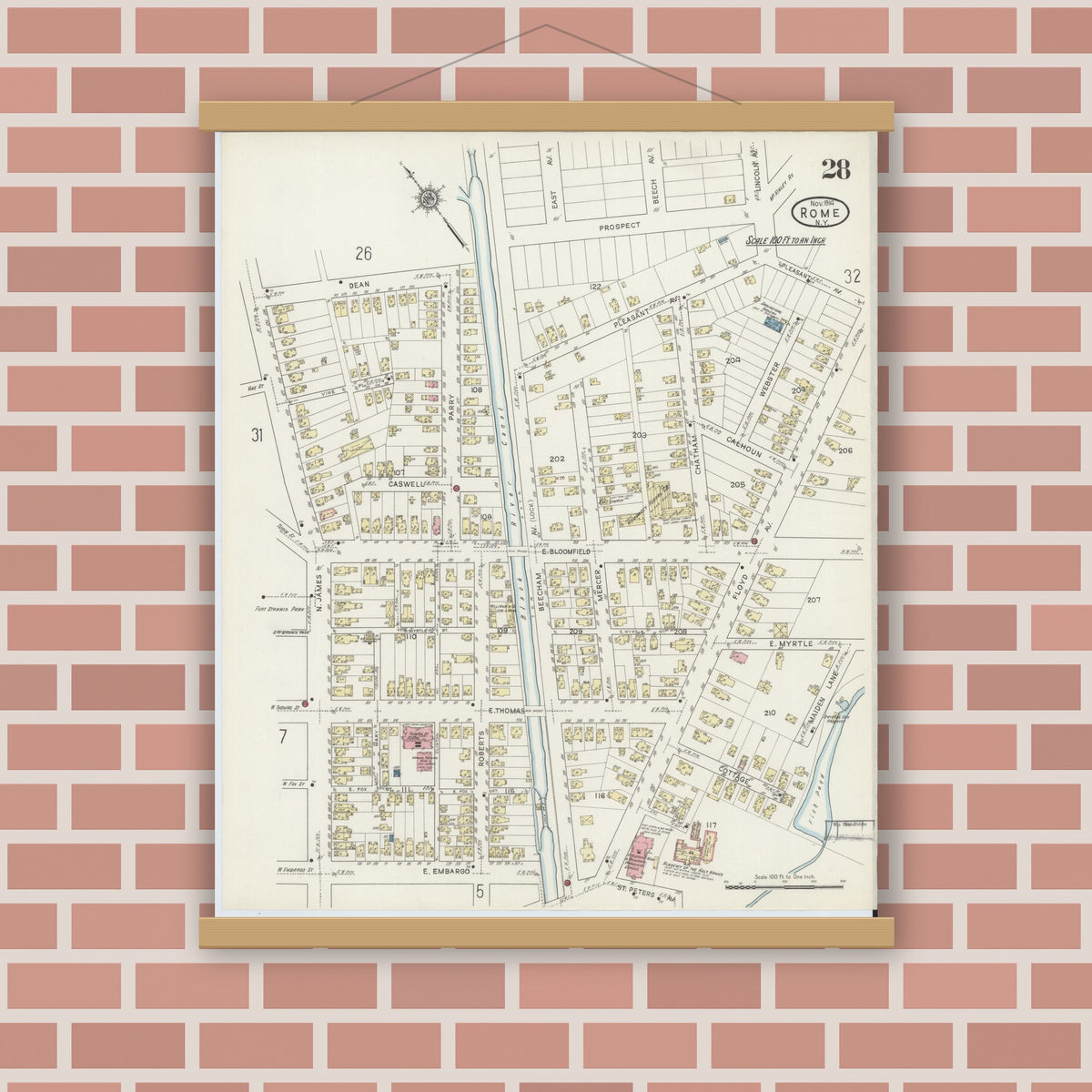 Old map wall art mockup — magnetic wood frame on brick wall — Sanborn Fire Insurance Map from Rome, Oneida County, New York (1914), Sheet #0028