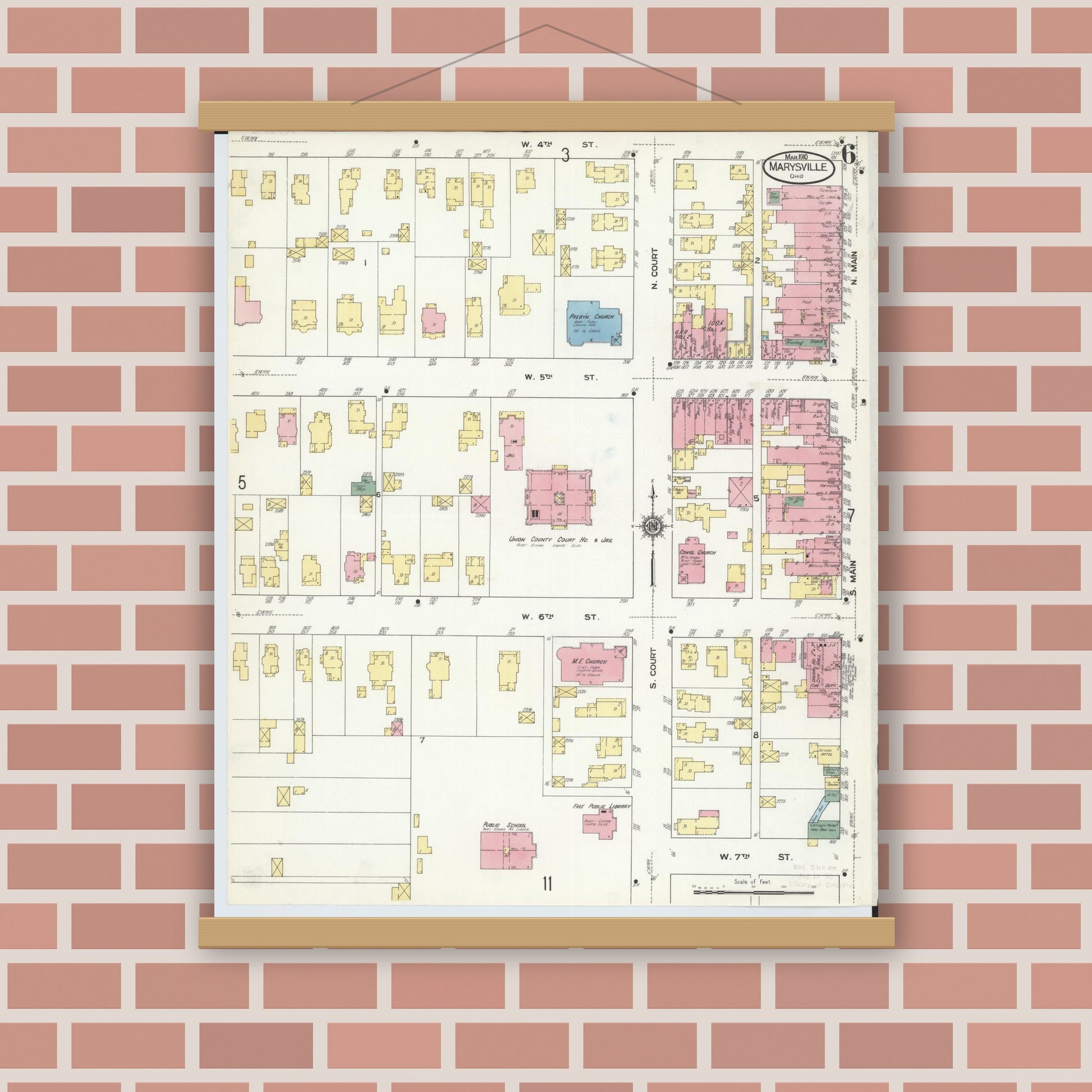 Old map wall art mockup — magnetic wood frame on brick wall — Sanborn Fire Insurance Map from Marysville, Union County, Ohio (1910), Sheet #0006