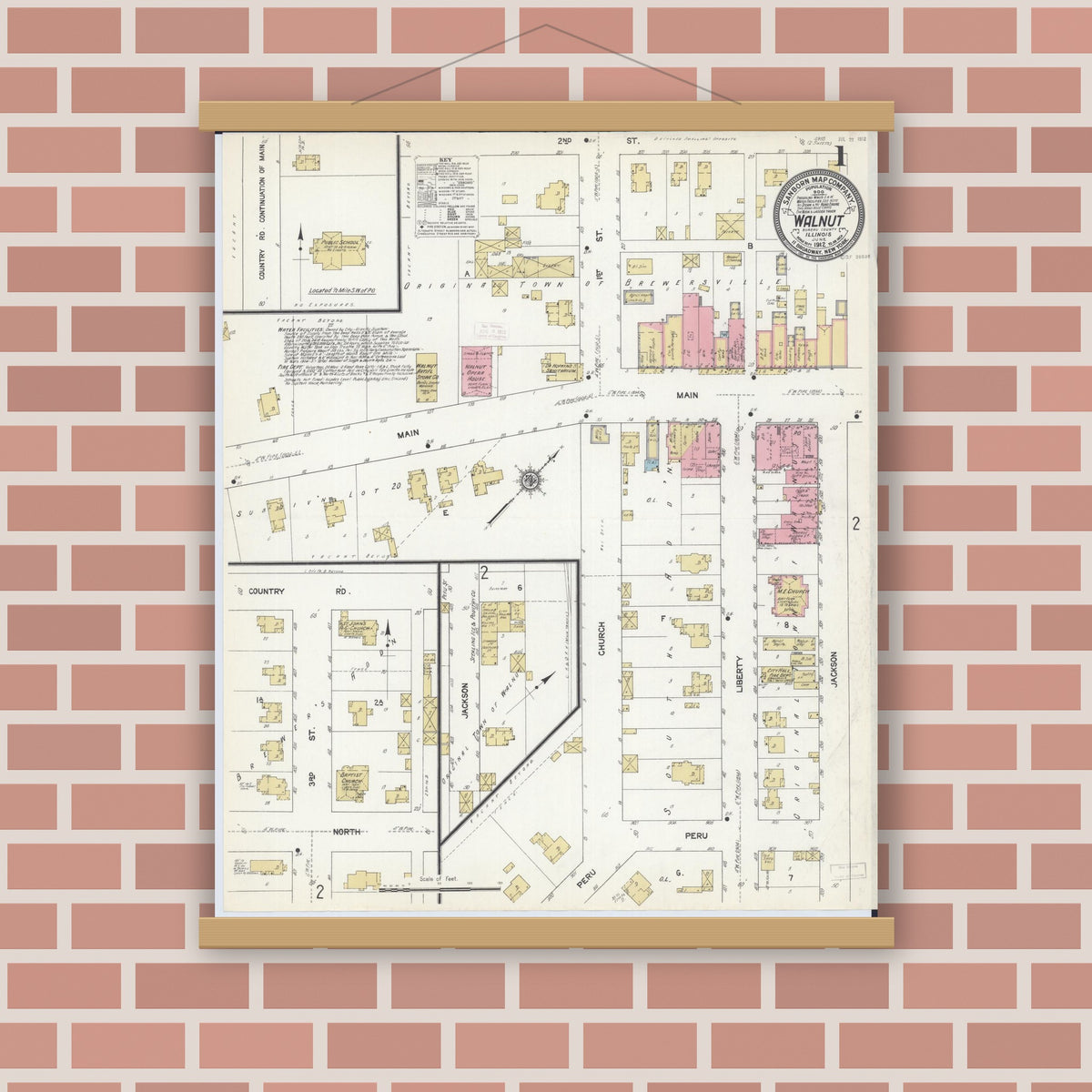 Old map wall art mockup — magnetic wood frame on brick wall — Sanborn Fire Insurance Map from Walnut, Bureau County, Illinois (1912), Sheet #0001