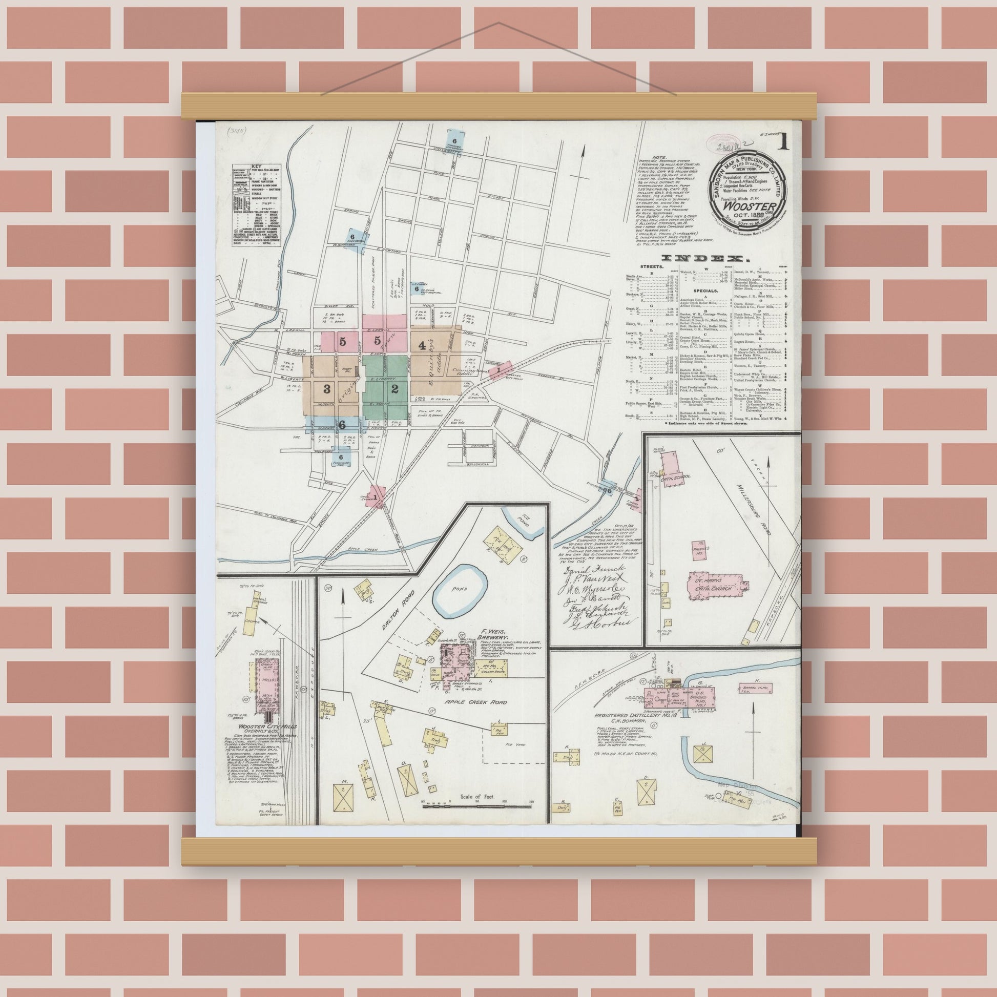 Old map wall art mockup — magnetic wood frame on brick wall — Sanborn Fire Insurance Map from Wooster, Wayne County, Ohio (1888) - Complete Map Set
