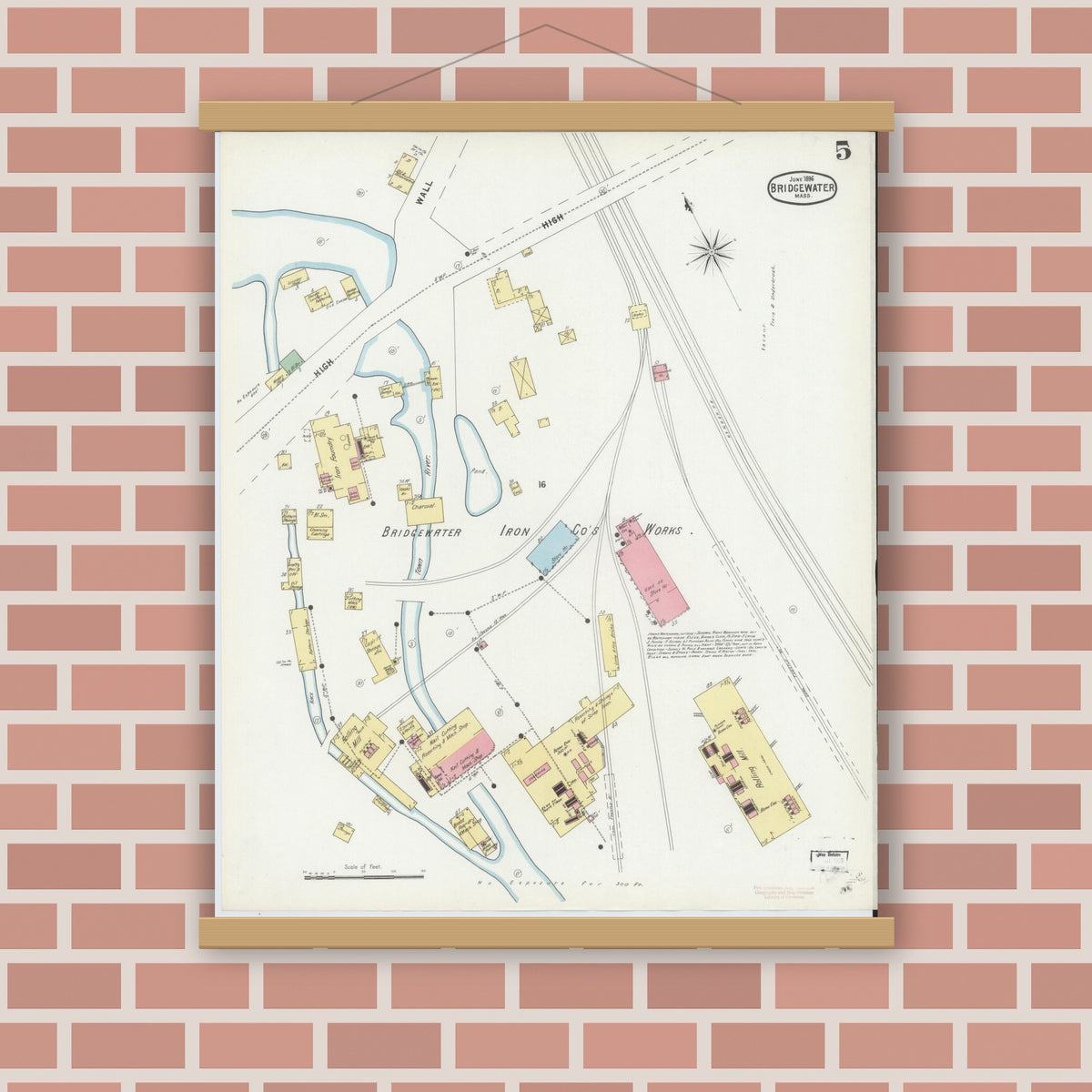 Old map wall art mockup — magnetic wood frame on brick wall — Sanborn Fire Insurance Map from Bridgewater, Plymouth County, Massachusetts (1896), Sheet #0005