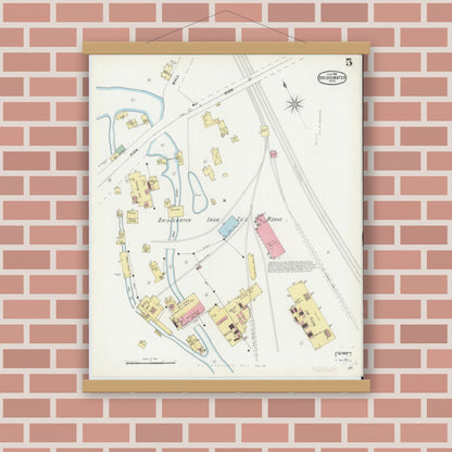 Old map wall art mockup — magnetic wood frame on brick wall — Sanborn Fire Insurance Map from Bridgewater, Plymouth County, Massachusetts (1896), Sheet #0005