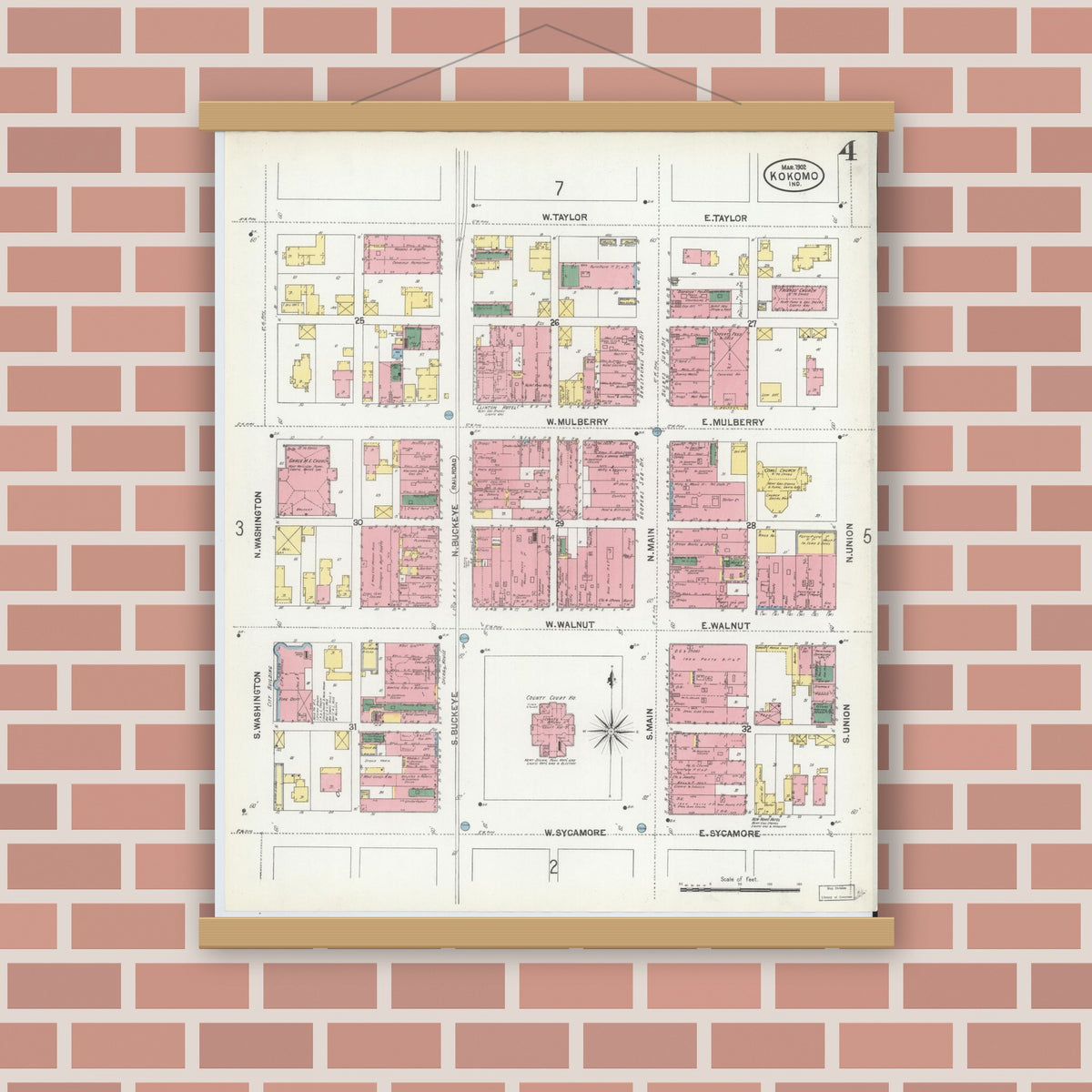 Old map wall art mockup — magnetic wood frame on brick wall — Sanborn Fire Insurance Map from Kokomo, Howard County, Indiana (1902), Sheet #0004